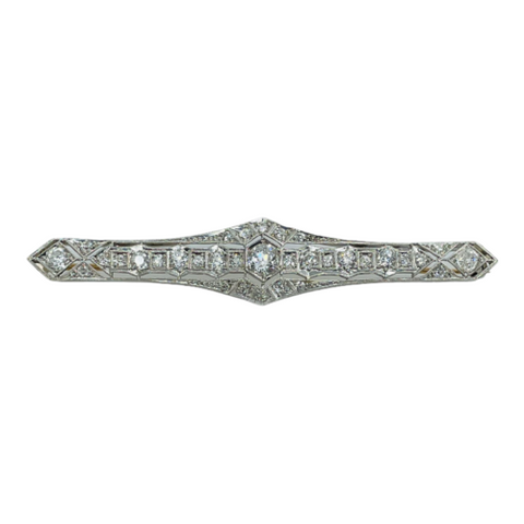 Art Deco Filigree Platinum 2ctw Old European Cut Diamond Bar Pin Brooch