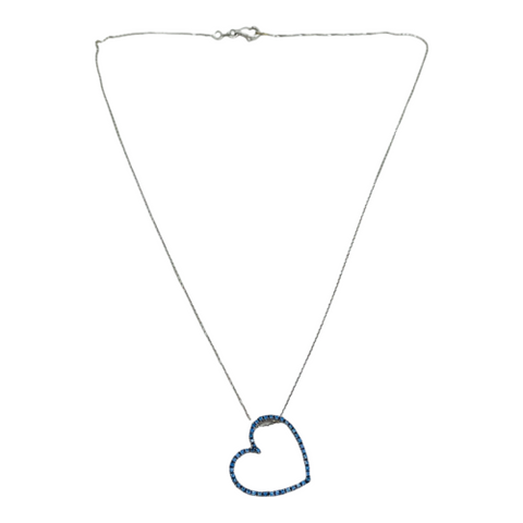 18k White Gold Blue Sapphire Heart Shaped Pendant w/ 16" 18k White Gold Chain