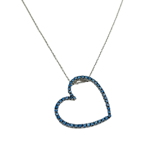 18k White Gold Blue Sapphire Heart Shaped Pendant w/ 16" 18k White Gold Chain