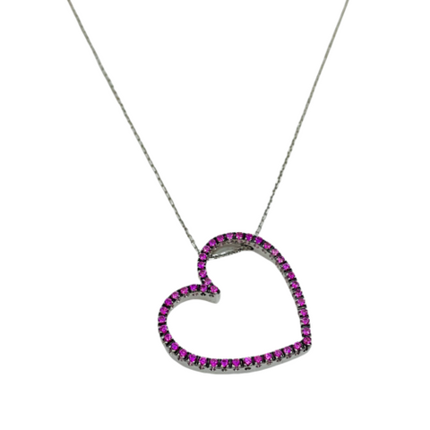 18k White Gold Ruby Heart Shaped Pendant w/ 16" 18k White Gold Chain