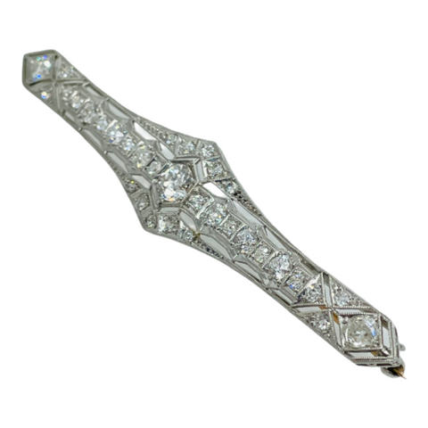 Art Deco Filigree Platinum 2ctw Old European Cut Diamond Bar Pin Brooch