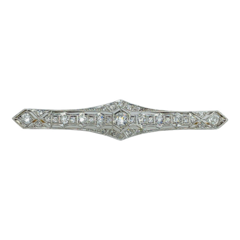 Art Deco Filigree Platinum 2ctw Old European Cut Diamond Bar Pin Brooch