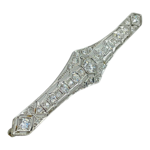 Art Deco Filigree Platinum 2ctw Old European Cut Diamond Bar Pin Brooch