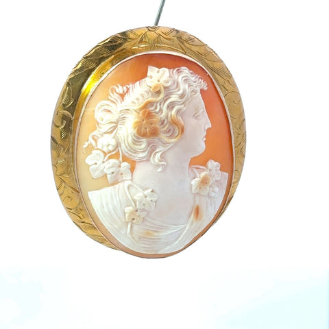 Victorian Cameo Antique Right Facing Woman 10k Yellow Gold 2 1/8" x 1 3/4" Pin