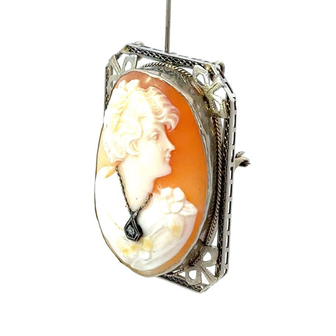 Vintage Art Deco Cameo Woman w/ Diamond Necklace 14k Gold Rectangular Pin Brooch Pendant