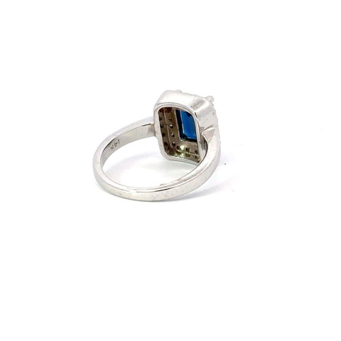 Blue Sapphire & Diamond Ring 14k White Gold Emerald Cut Sz 6.25