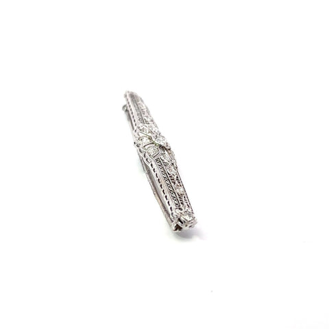 Art Deco Filigree 14k White Gold 1.80ctw Old European Cut Diamond Bar Pin Brooch