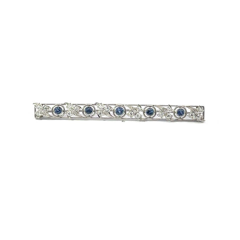 Art Deco Filigree Platinum .50ctw European Cut Diamond & Sapphire Bar Pin Brooch
