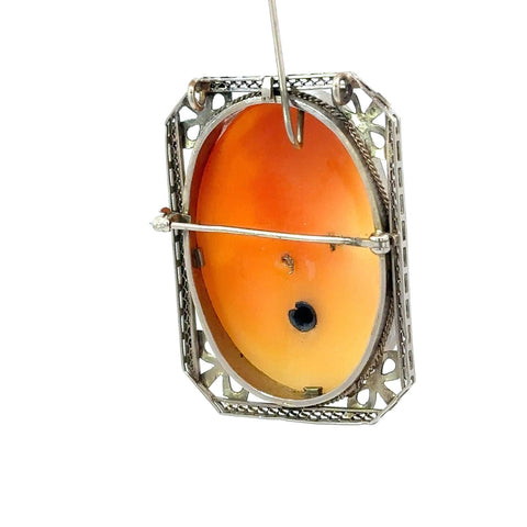 Vintage Art Deco Cameo Woman w/ Diamond Necklace 14k Gold Rectangular Pin Brooch Pendant