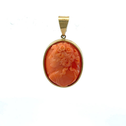 18k Yellow Gold Vintage Oval Shaped Coral Cameo Pendant 1 5/8"
