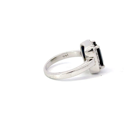 Blue Sapphire & Diamond Ring 14k White Gold Emerald Cut Sz 6.25