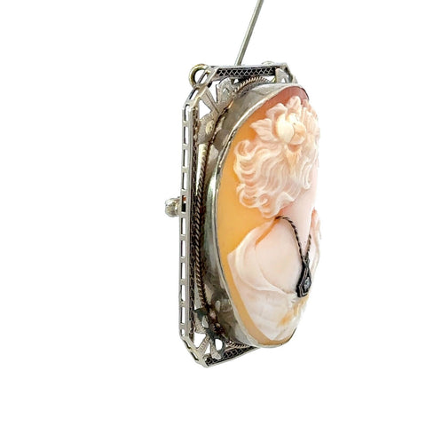 Vintage Art Deco Cameo Woman w/ Diamond Necklace 14k Gold Rectangular Pin Brooch Pendant