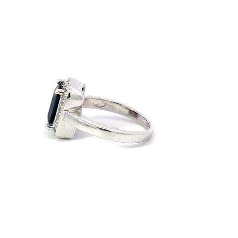 Blue Sapphire & Diamond Ring 14k White Gold Emerald Cut Sz 6.25
