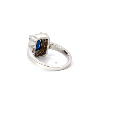 Blue Sapphire & Diamond Ring 14k White Gold Emerald Cut Sz 6.25
