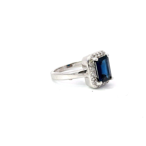 Blue Sapphire & Diamond Ring 14k White Gold Emerald Cut Sz 6.25