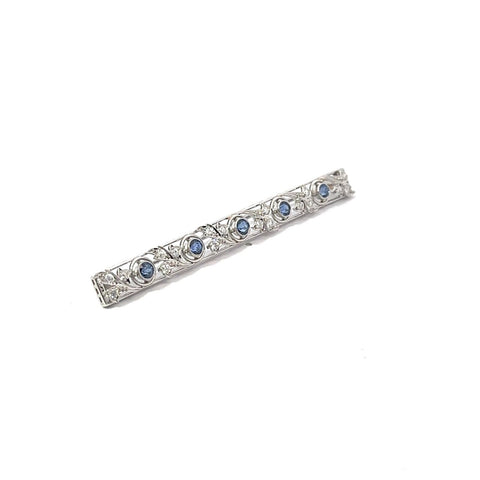 Art Deco Filigree Platinum .50ctw European Cut Diamond & Sapphire Bar Pin Brooch