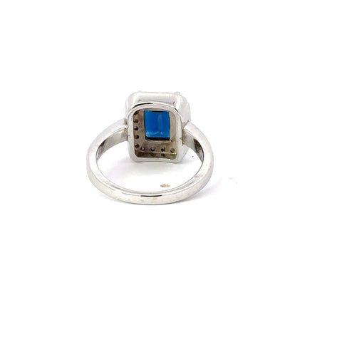 Blue Sapphire & Diamond Ring 14k White Gold Emerald Cut Sz 6.25