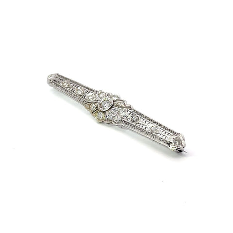 Art Deco Filigree 14k White Gold 1.80ctw Old European Cut Diamond Bar Pin Brooch