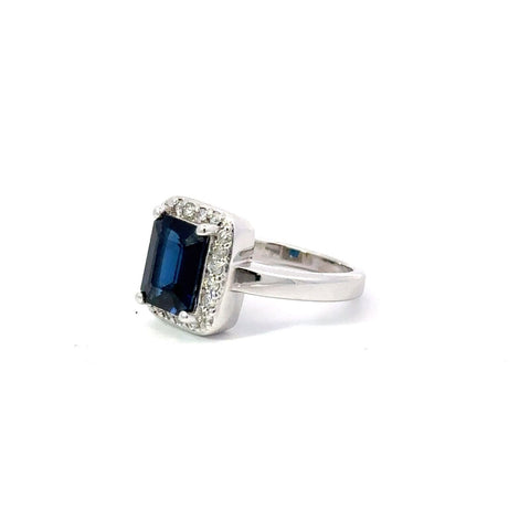 Blue Sapphire & Diamond Ring 14k White Gold Emerald Cut Sz 6.25