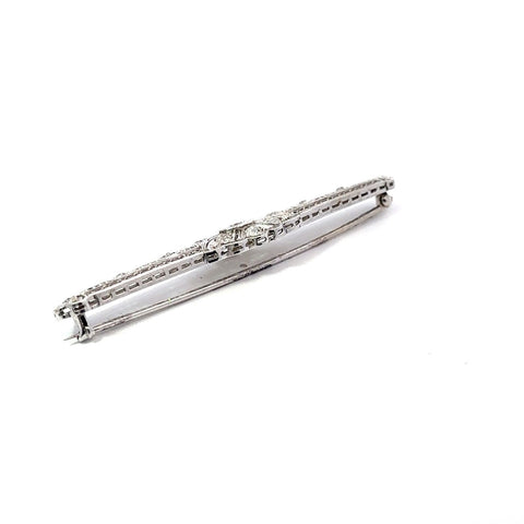 Art Deco Filigree 14k White Gold 1.80ctw Old European Cut Diamond Bar Pin Brooch