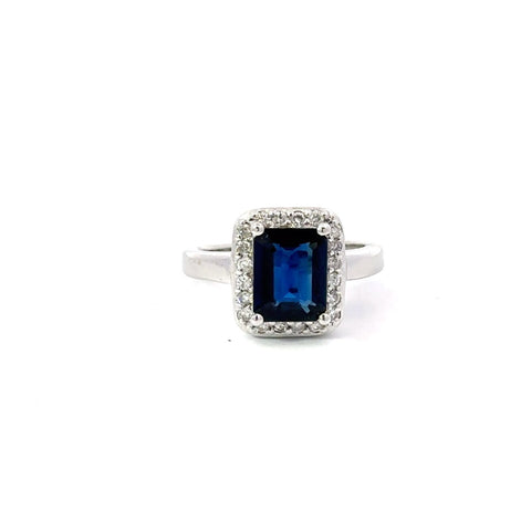 Blue Sapphire & Diamond Ring 14k White Gold Emerald Cut Sz 6.25