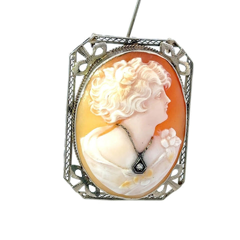 Vintage Art Deco Cameo Woman w/ Diamond Necklace 14k Gold Rectangular Pin Brooch Pendant