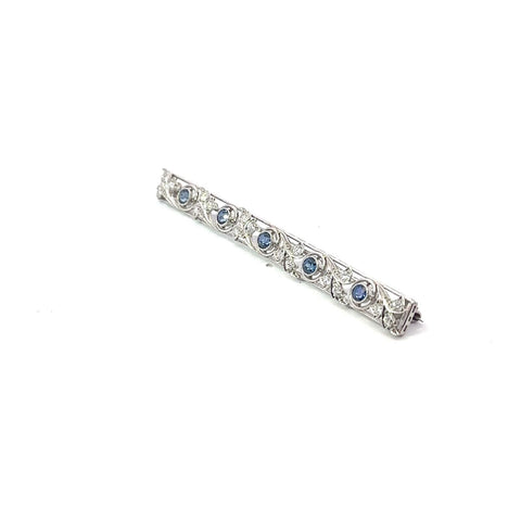 Art Deco Filigree Platinum .50ctw European Cut Diamond & Sapphire Bar Pin Brooch