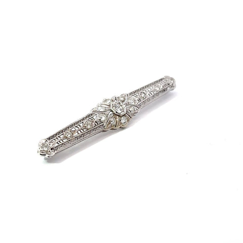 Art Deco Filigree 14k White Gold 1.80ctw Old European Cut Diamond Bar Pin Brooch