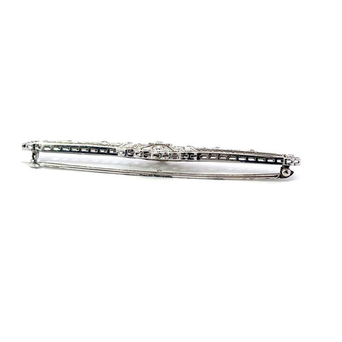 Art Deco Filigree 14k White Gold 1.80ctw Old European Cut Diamond Bar Pin Brooch