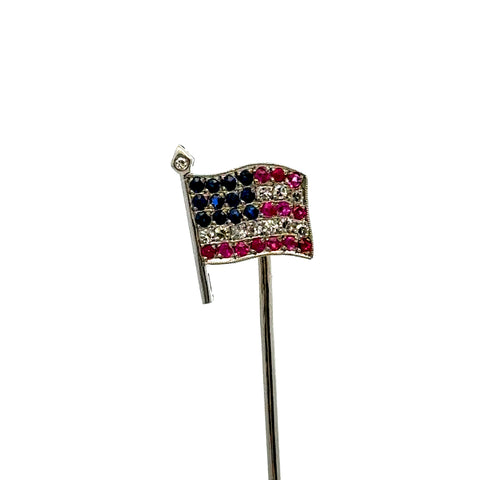 14kt White Gold Flag Pin with Rubies, Sapphires, and Diamonds!