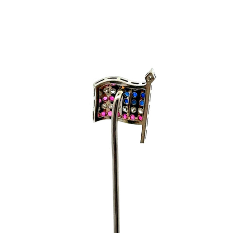 14kt White Gold Flag Pin with Rubies, Sapphires, and Diamonds!