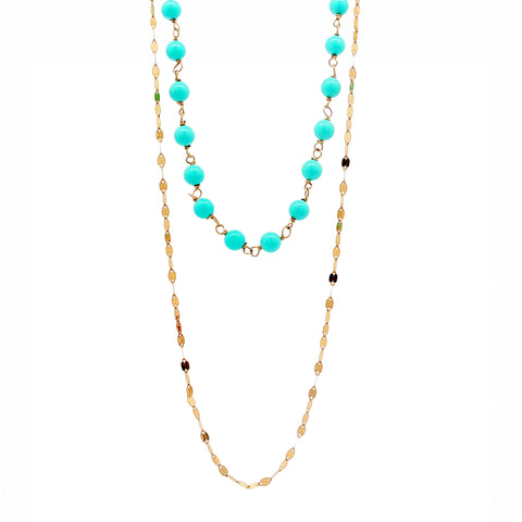 Two-Strand Necklace, Turquoise Station & Oval Flat Link in 14kt Yellow Gold