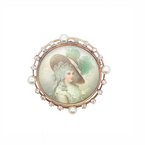 Vintage 18KYG Theodore B Starr Hand-painted Pearl & Diamond Pendant/Brooch