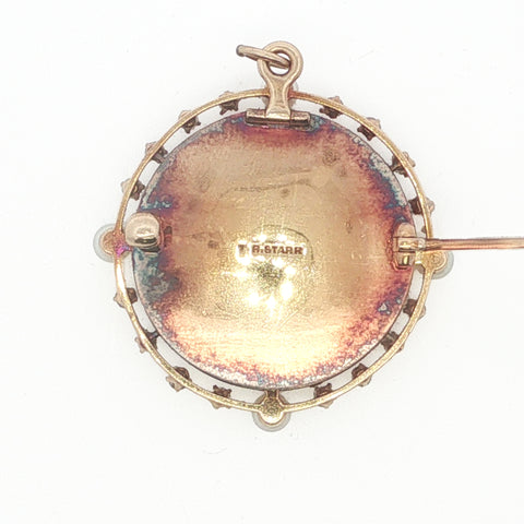 Vintage 18KYG Theodore B Starr Hand-painted Pearl & Diamond Pendant/Brooch