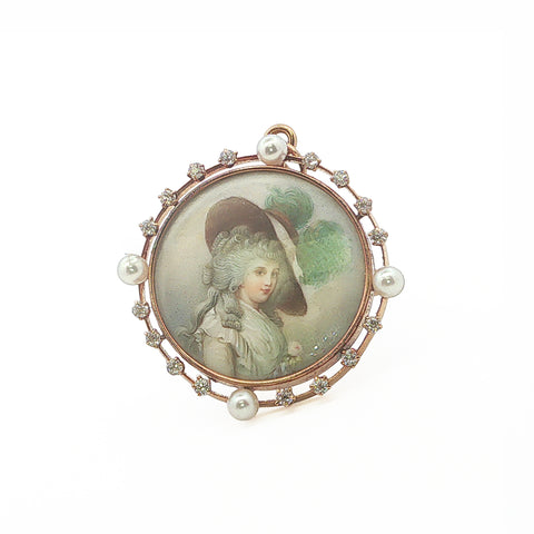 Vintage 18KYG Theodore B Starr Hand-painted Pearl & Diamond Pendant/Brooch