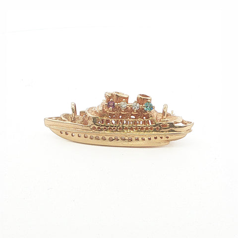 14Kt Yellow Gold Boat Pin with Diamond and Gemstone Accents