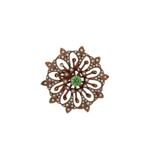 14kt Vintage Yellow Gold Seed Pearl and Tsavorite Brooch/Pendant