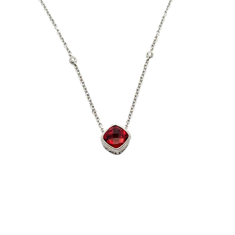 14kt White Gold Red Stone Necklace with Diamond Accent