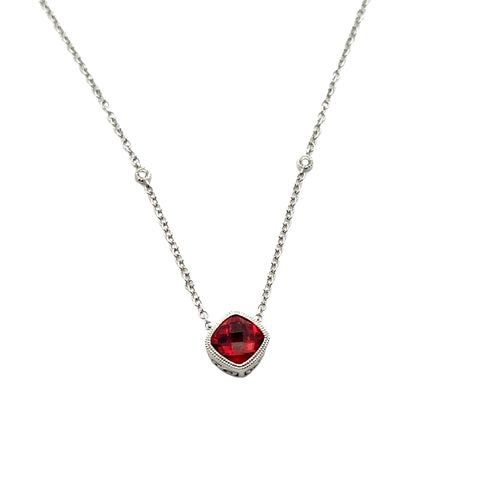 14kt White Gold Red Stone Necklace with Diamond Accent