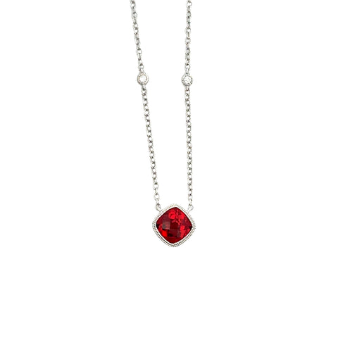 14kt White Gold Red Stone Necklace with Diamond Accent