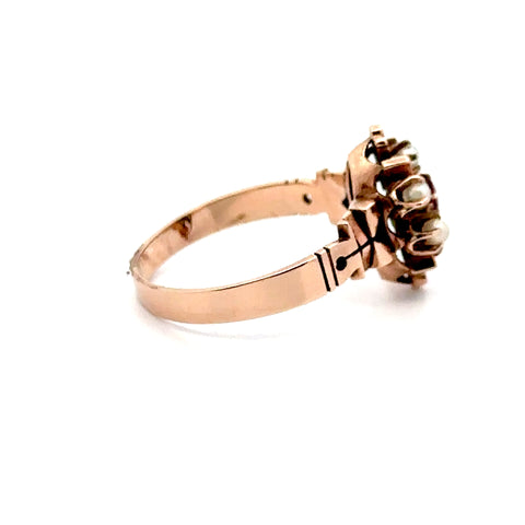 Victorian TXB Seed Pearl & Synthetic Red Stone Ring in Rose Gold