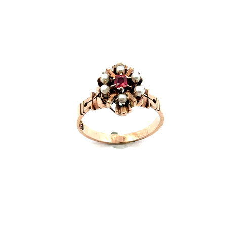 Victorian TXB Seed Pearl & Synthetic Red Stone Ring in Rose Gold