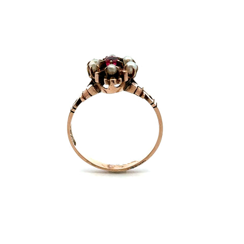 Victorian TXB Seed Pearl & Synthetic Red Stone Ring in Rose Gold