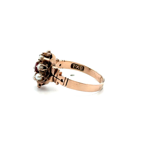 Victorian TXB Seed Pearl & Synthetic Red Stone Ring in Rose Gold