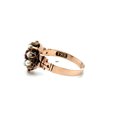 Victorian TXB Seed Pearl & Synthetic Red Stone Ring in Rose Gold