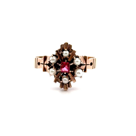 Victorian TXB Seed Pearl & Synthetic Red Stone Ring in Rose Gold