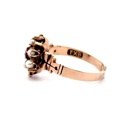 Victorian TXB Seed Pearl & Synthetic Red Stone Ring in Rose Gold