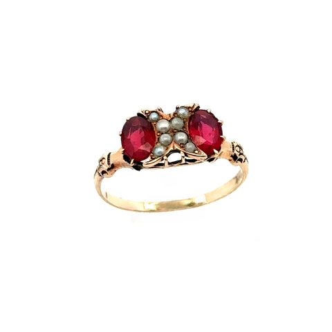 Victorian Red Stone and Pearl Ring in 9kt Rose Gold