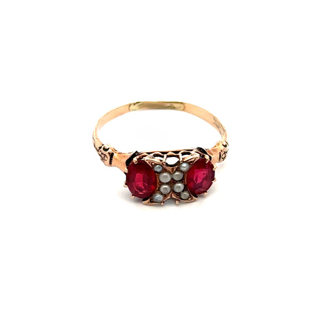 Victorian Red Stone and Pearl Ring in 9kt Rose Gold
