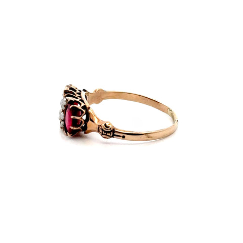 Victorian Red Stone and Pearl Ring in 9kt Rose Gold